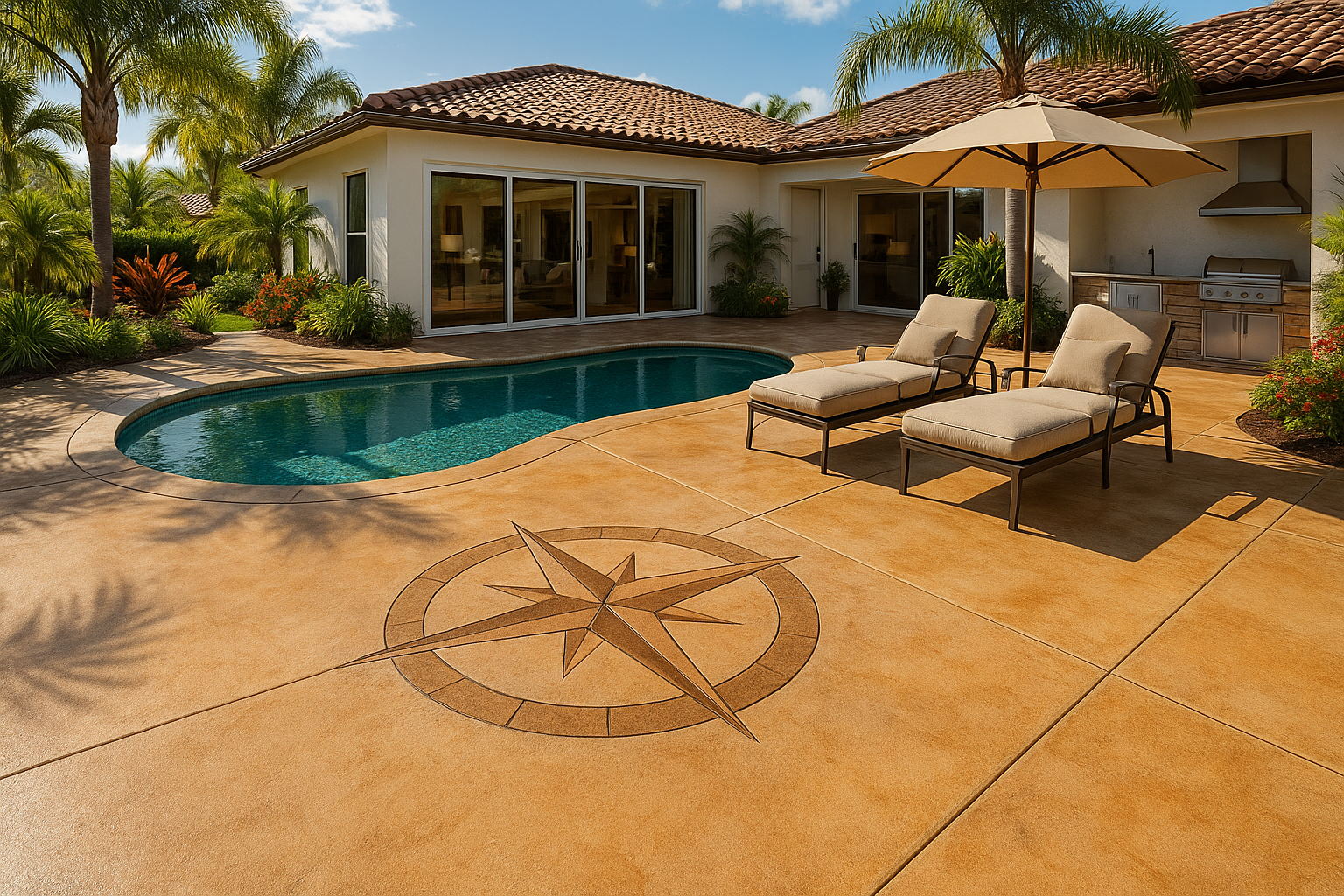 lightly stained concrete pool deck with earth toned colors outside of a large white stucco house with a wall of doors connecting the great room to the outdoor living space. Outdoor kitchen area, 2 lounge chairs with a table and umbrella on the pool deck. The pool deck is engraved with an elegant compass rose that is stained in shades slightly darker than the rest of the pool deck. Tropical landscaping can be seen outside of the pool deck area