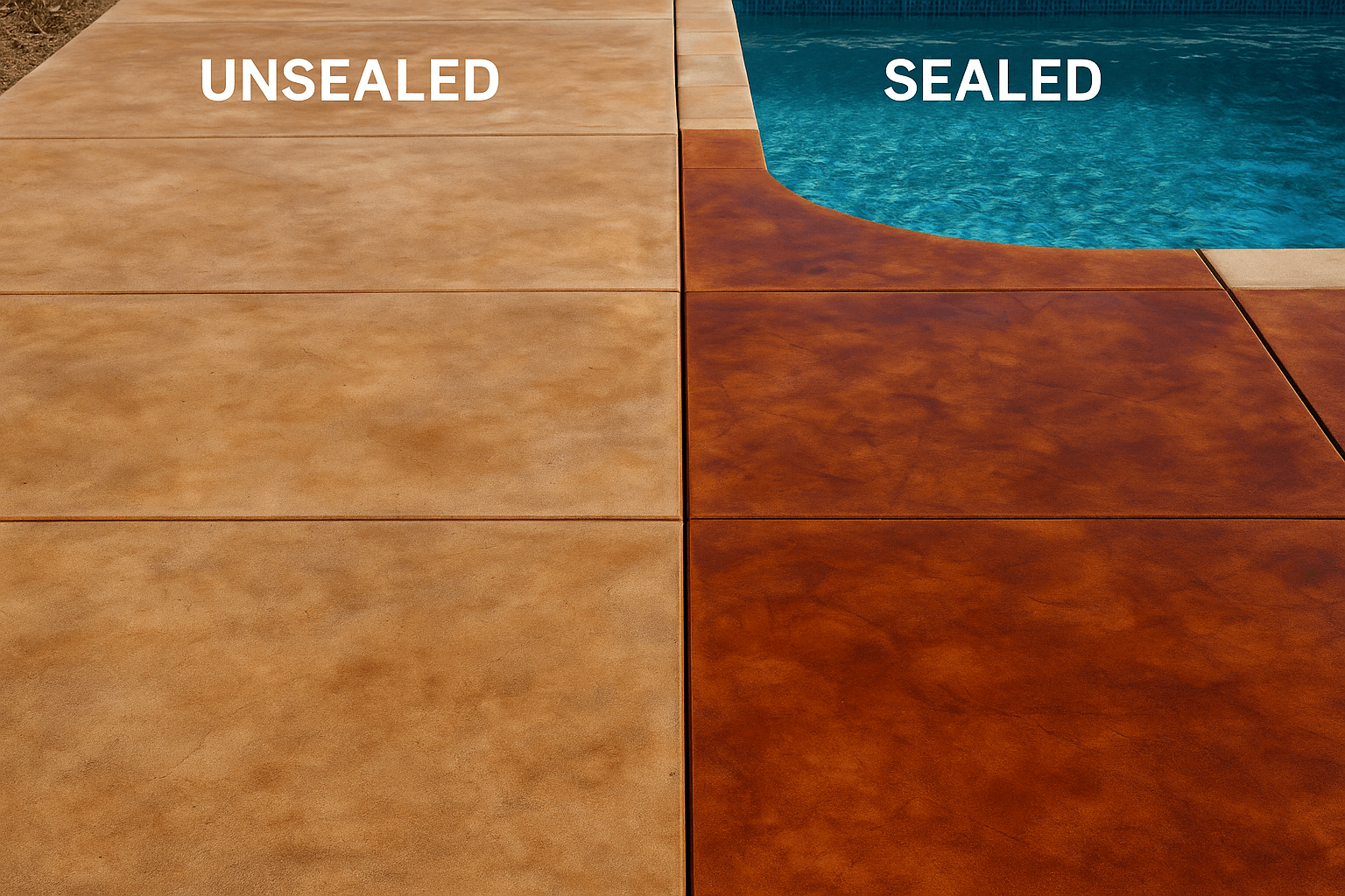 pool deck with one side an unsealed acid stain the other side a matte sealer applied enhancing the color