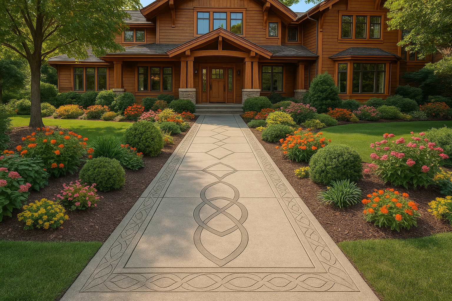 concrete walkway leading uo to an elegant large wood house.  walkway is concrete with a border engraved on either side and a fun simple decorative pattern cut in the middle.  landscaping around the walkway is elegant and inviting.