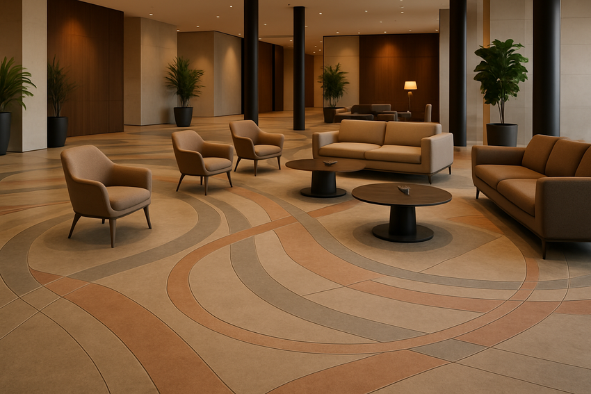 elegant modern hotel loby with comfortable seating and some plats with a sweeping geometric pattern multi colored in subtle earth tones engraved into their concrete floors