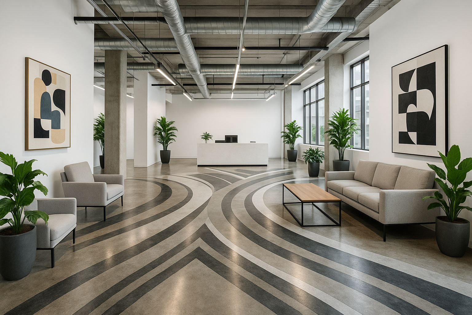 modern industrial office loby with white walls and long sweeping geometric designs engraved into the concrete floors stained black gray and white.  Office should have comfortable seating a reception desk and plants with art on the walls